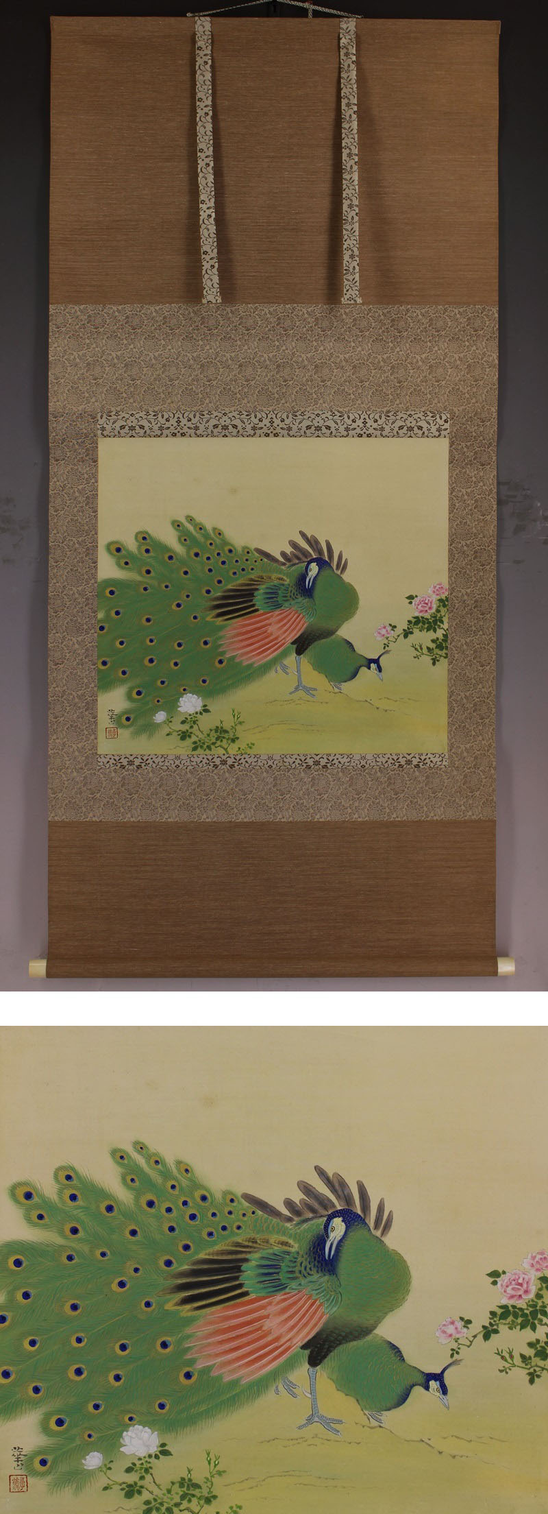 真作 芦渓 柳に鴬図 布袋屋掛軸HH-578 - 絵画