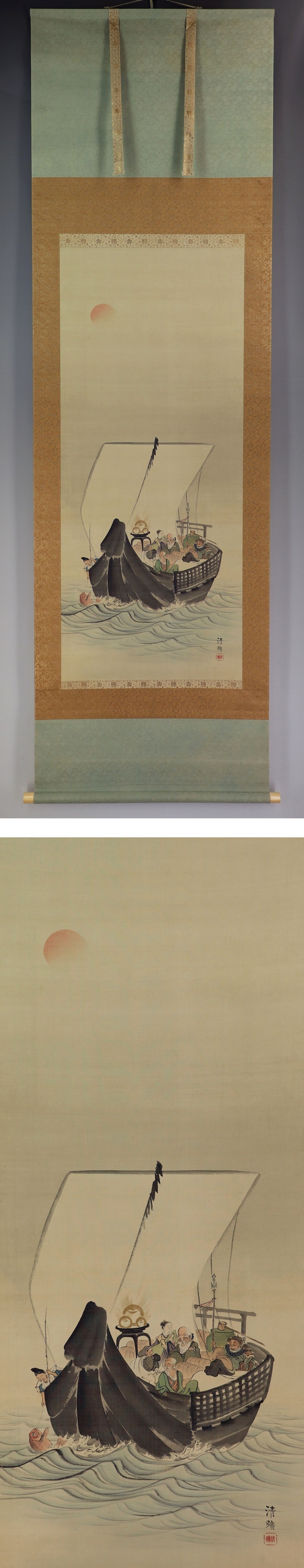 【最安値正規品】美品岡島清曠◆絹本◆合箱◆掛軸 v06180 山水、風月